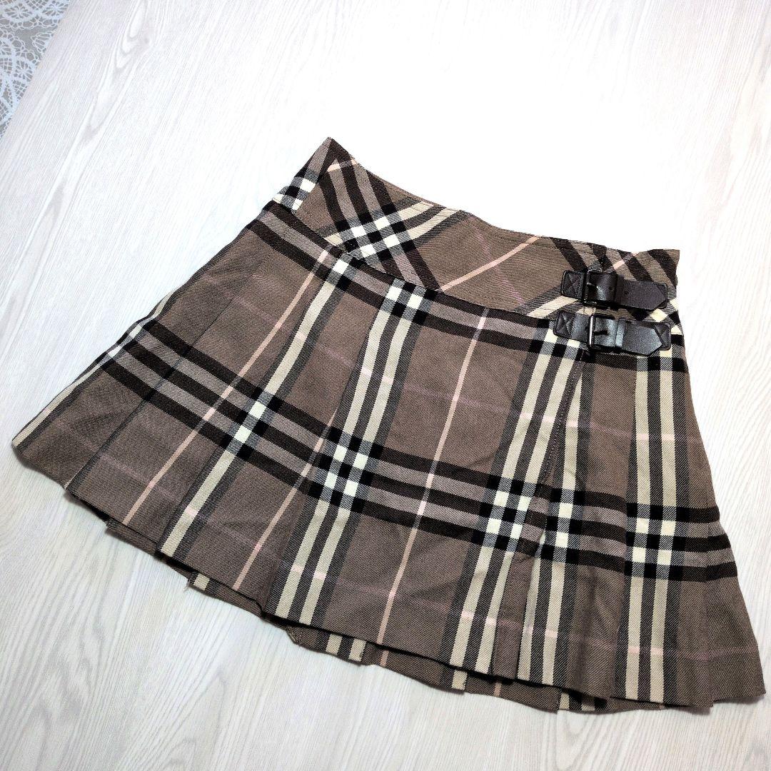 バーバリーブルーレーベル　ブラウン系　ミニスカート　レザーベルト　チェック　S