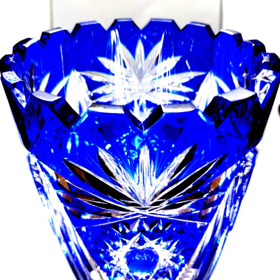 新品イタリア製江戸切子風青色被せガラスクリスタル花瓶花器フラワーベース薩摩切子