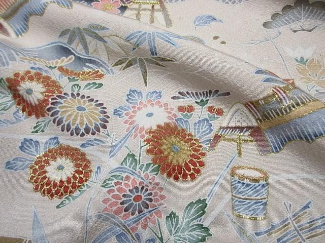 訪問着：美品-花と水流とオシドリと民家：高級品グレー：袷正絹：N88