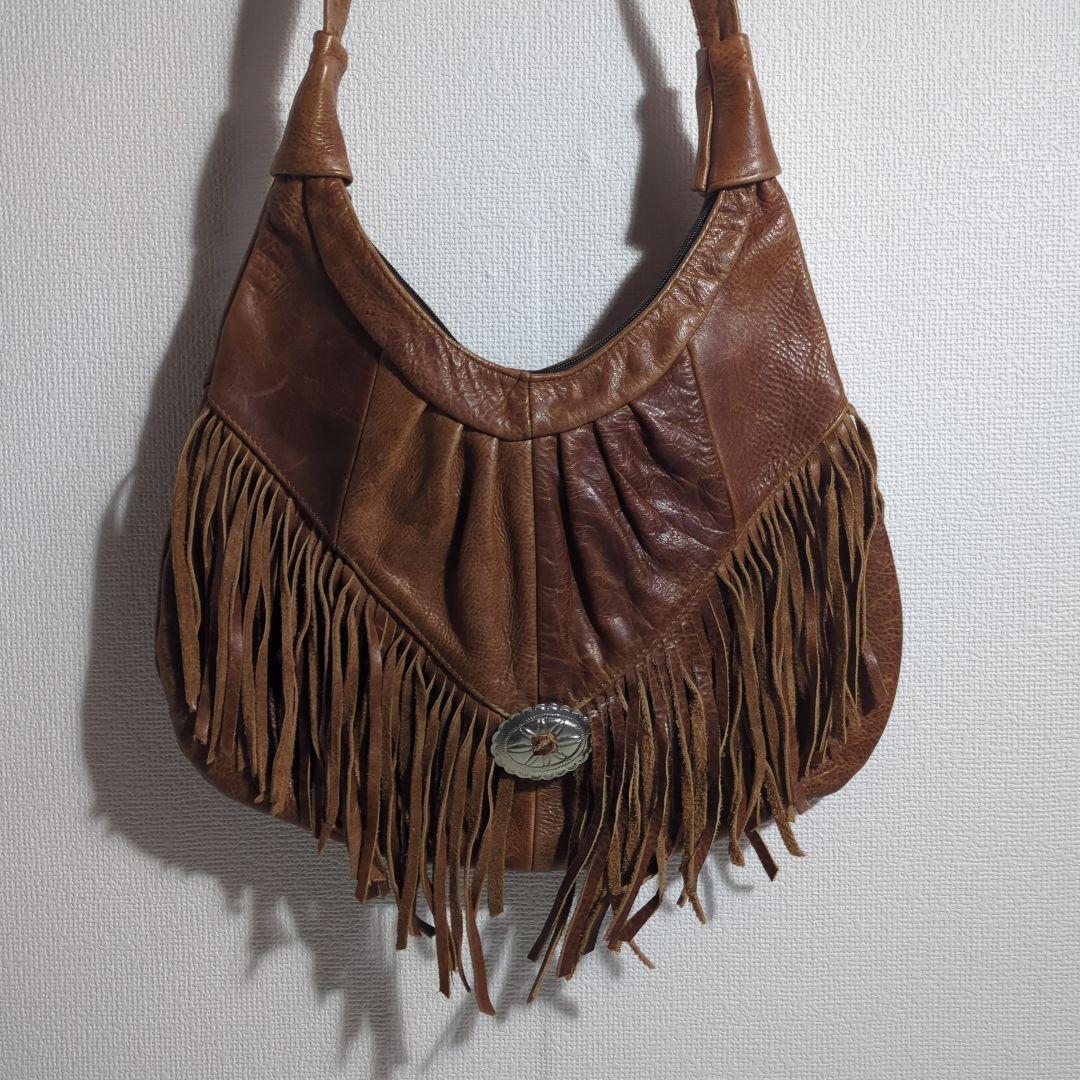 MEXICO製 レザーショルダー フリンジ コンチョ ナバホ ズニ ビンテージ
