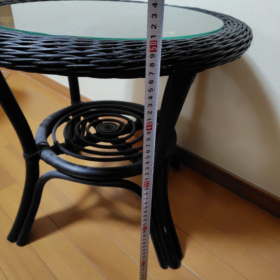 ニトリ　円形　ガラス天板　ラタン　テーブル　黒