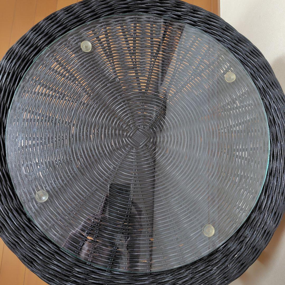 ニトリ　円形　ガラス天板　ラタン　テーブル　黒