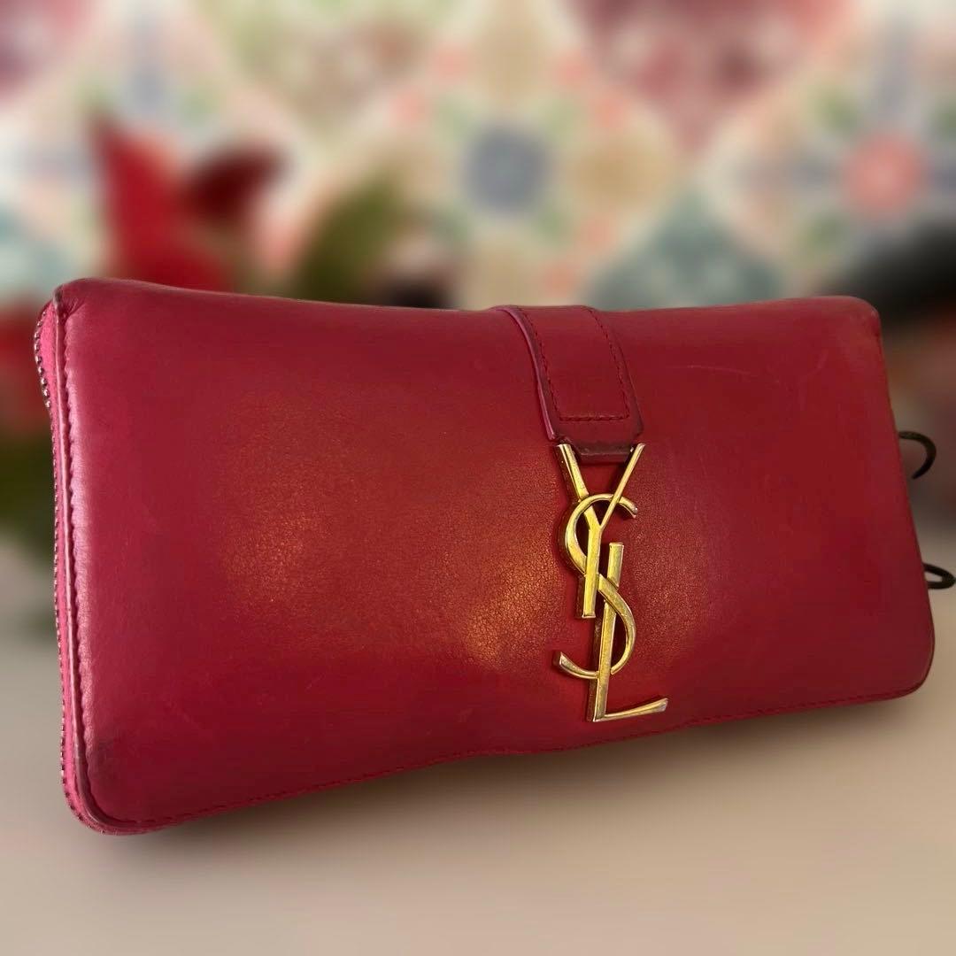 イヴサンローラン長財布 ピンク 【YSL】ラウンドジップ ゴールド金具