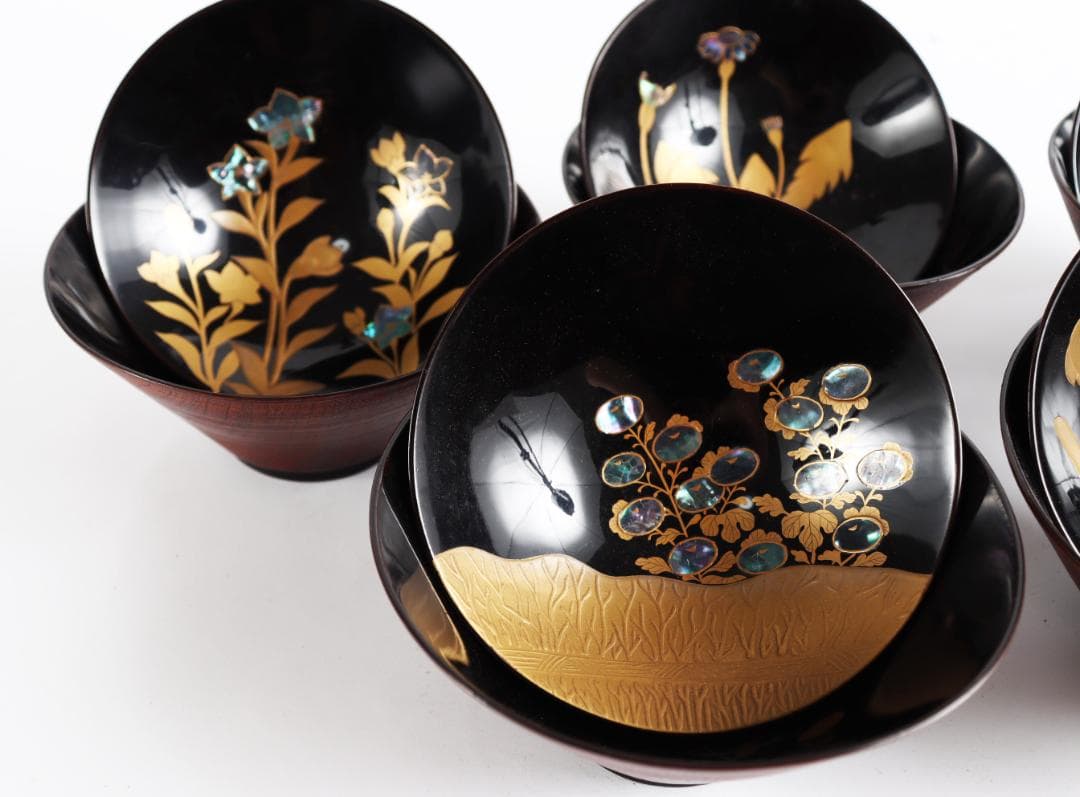 糸目 内梨地 螺鈿 花 図替 吸物椀 五客 蒔絵椀 懐石道具②