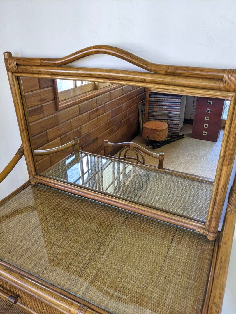 【Kazama】籐家具 ラタンのドレッサー 鏡台 椅子付