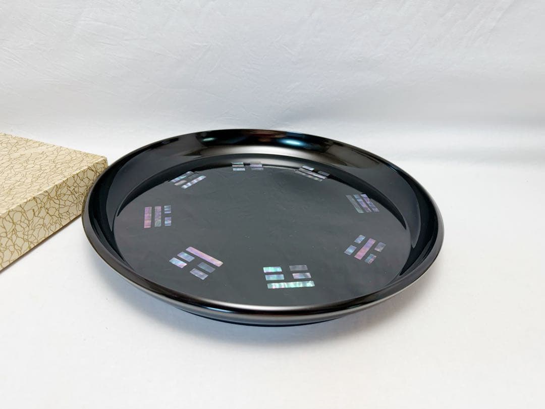 ほぼ未使用 茶道具 黒塗 螺鈿細工 青貝 八卦盆 元箱