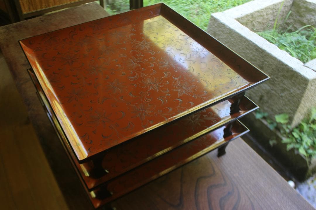 デッドストック！前大峰作！極上沈黒草文の脚付四方膳3点（検輪島塗お膳お盆茶道具