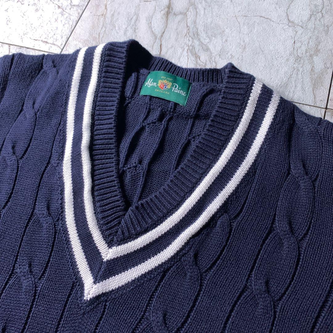 ALAN PAINE コットン ケーブル チルデンニット クリケットセーター 紺