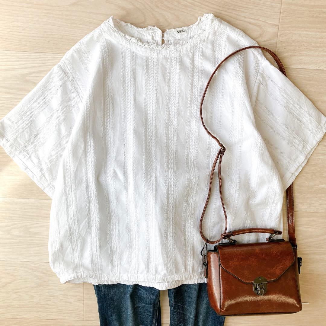 45R インドカラミdeレースTシャツ 半袖 ブラウス 白 45rpm