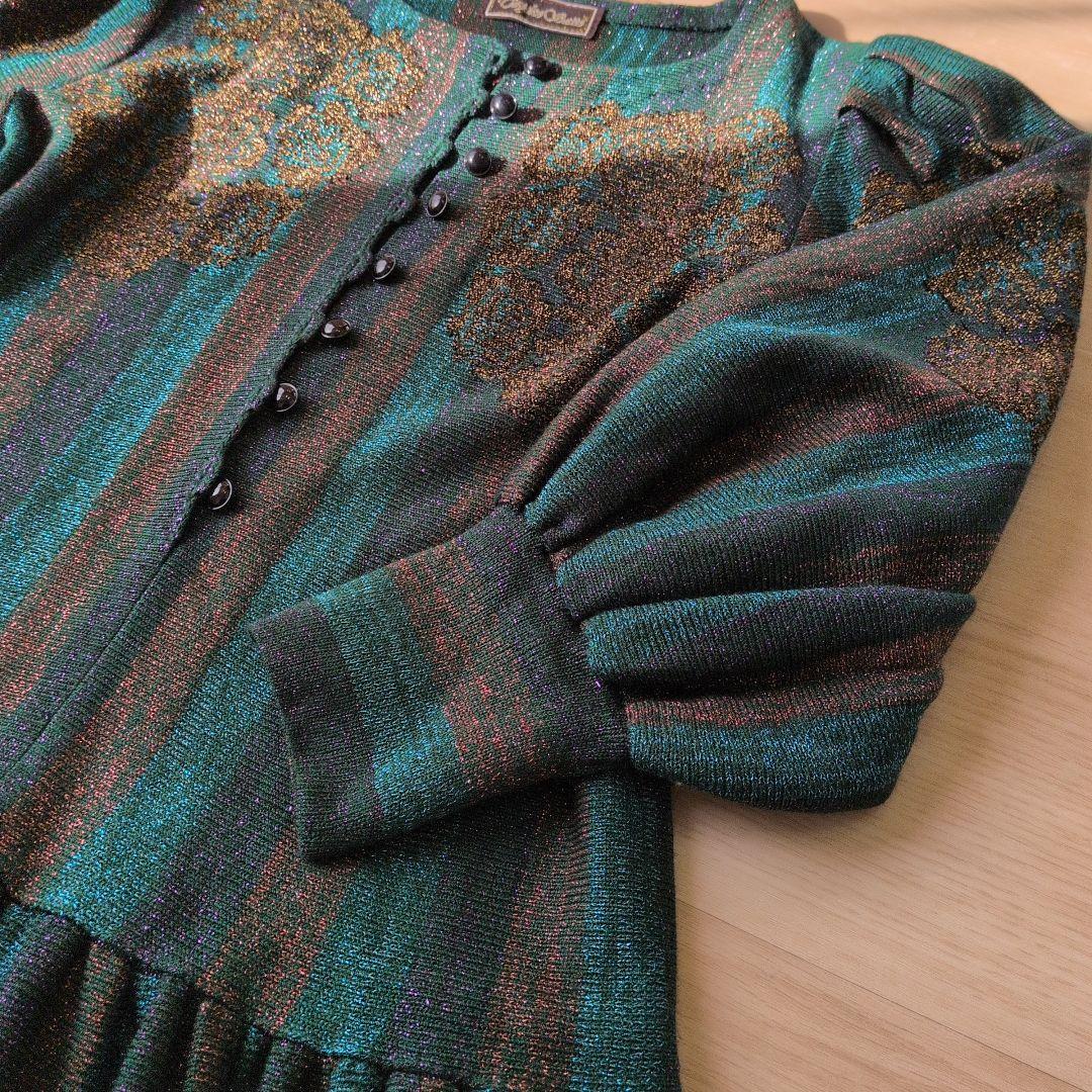 Toyoko Saito 斉藤都世子　ワンピース　グリーン・金・紫　ラメ