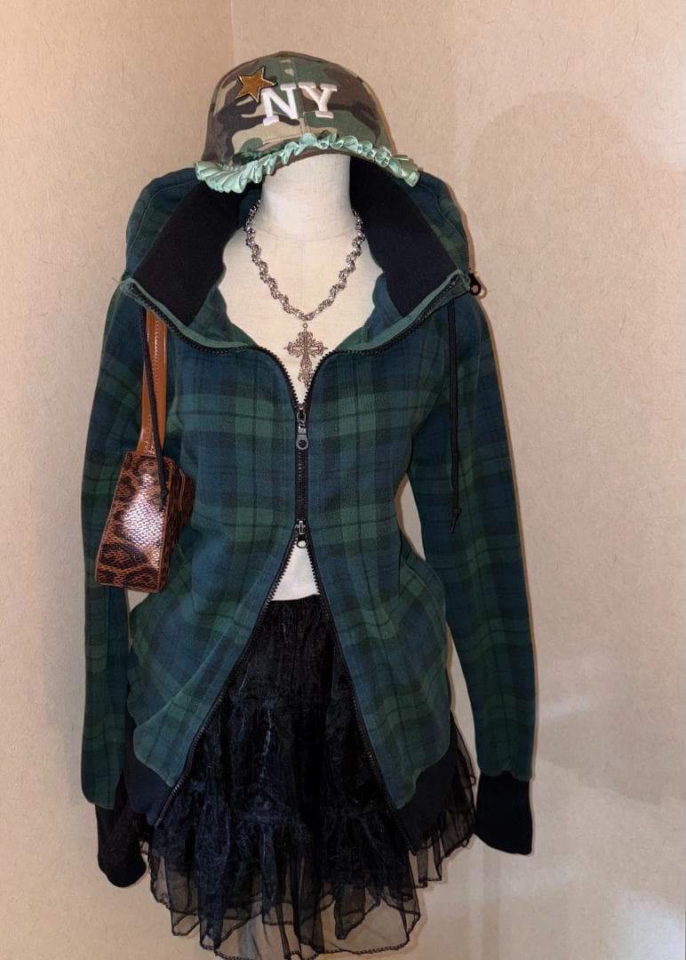 平成ギャル y2k 緑チェック ハイネック Wジップ フェアリーグランジ ロック