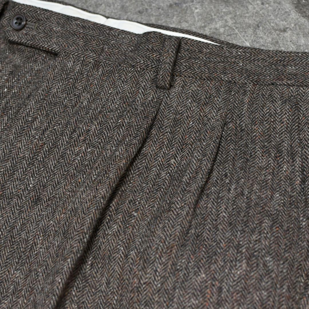 古着 ツイード ネップ タックパンツ スラックス ウールパンツ ブラウン 茶色