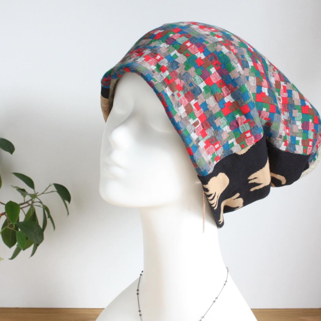 TOHIKO　ものすごい幅広ターバン ネコ＆ブロックチェック＆ループボア