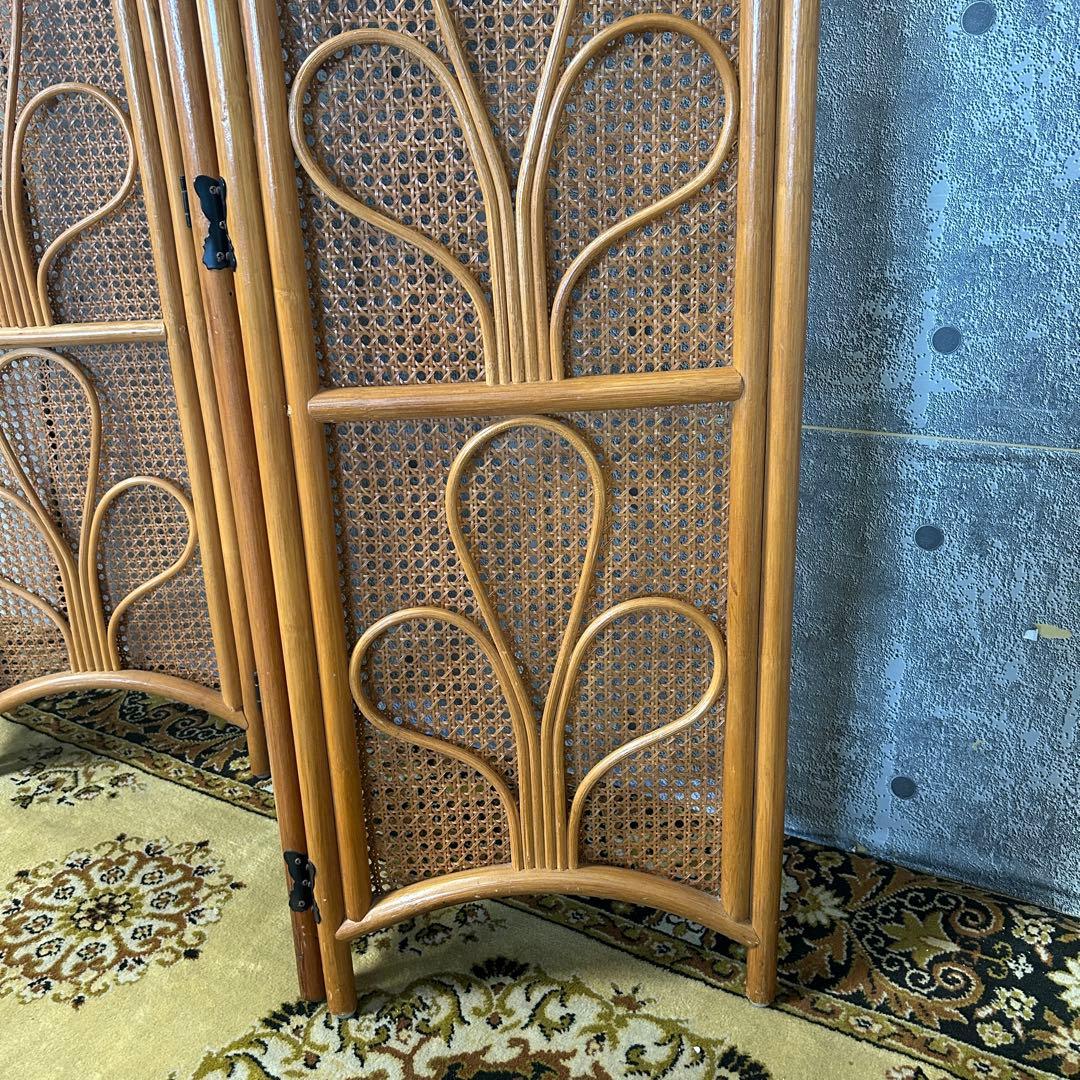 ꧁籐家具꧂ラタン4連パーテーション ブラインド 間仕切り 昭和レトロ