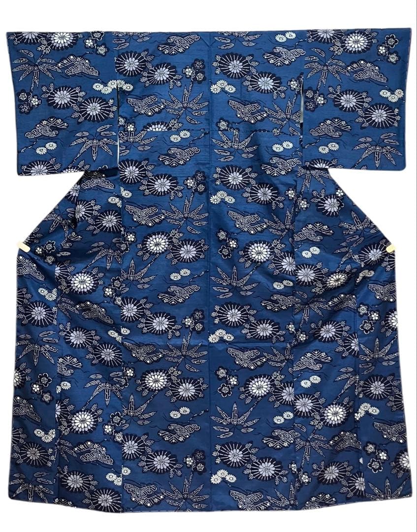 琉球藍型 琉球紅型紬 小紋 松竹梅 菊 落款 反端布 未使用 イ5835