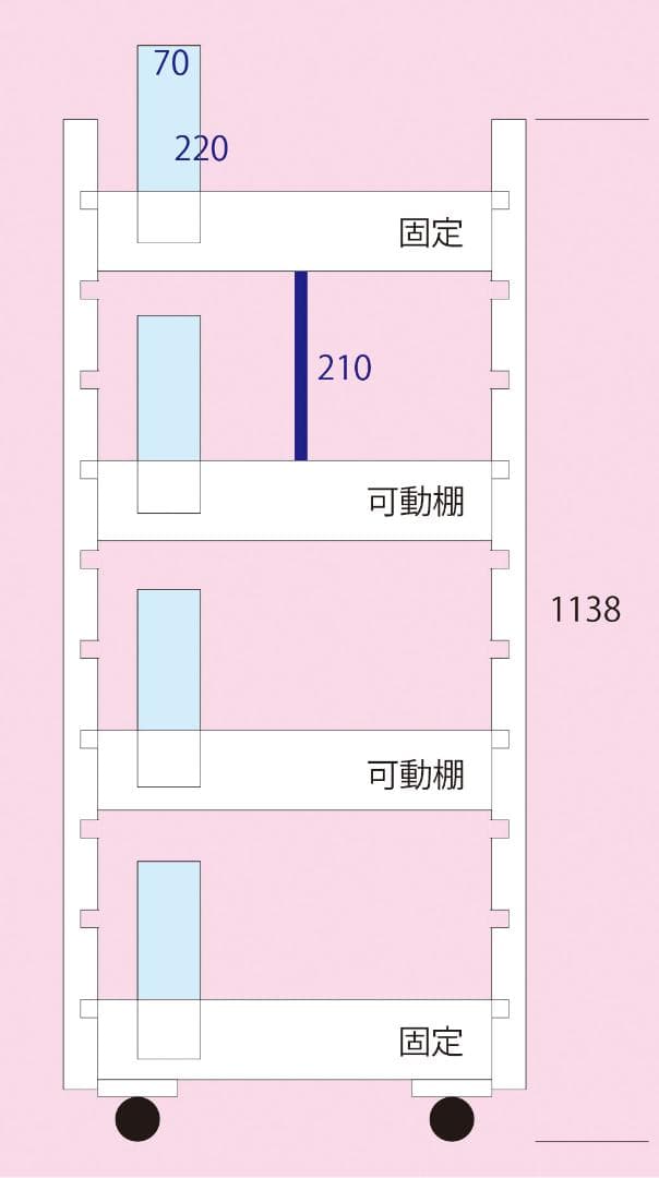 きらりん様オーダーメイド品　キャスター付可動棚付キッチンワゴン （可動棚2段付）