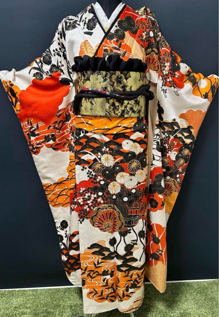 レトロモダン　オレンジ小町　豪華成人式振袖８点フルセット　正絹　髪飾り・ピアス付