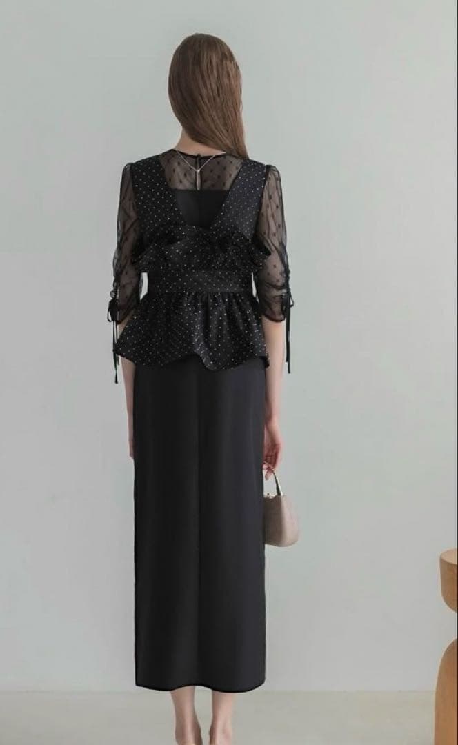 ドットストーンペプラムチュニックワンピース ブラック