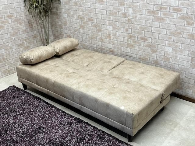 ソファーベッド　ベージュ系　小テーブル付き　レザーファブリック　ソファ　新品