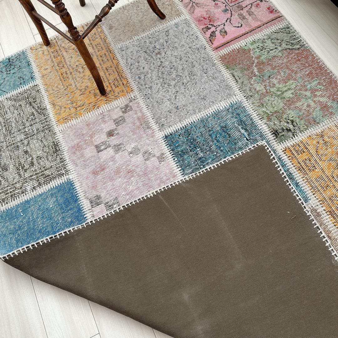 トルコ製ヴィンテージラグ915 レア 高級 ブルー イエロー パッチワーク