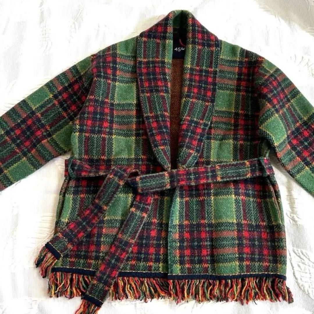 新品　45R.ウール100 ジャガードニット タータンチェック　フリンジ　コート