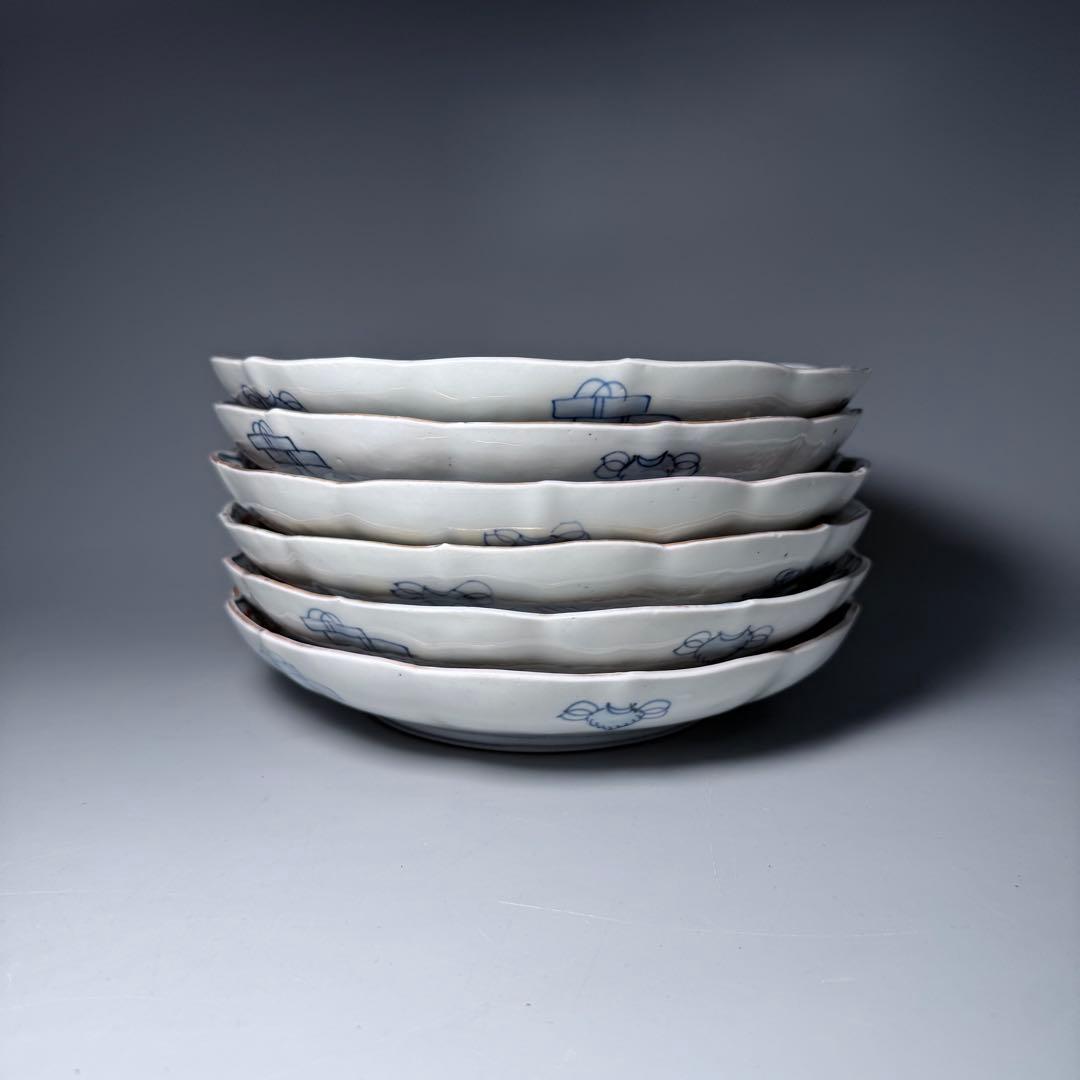 古伊万里　色絵瓢箪文様七寸輪花形皿　6枚　金蘭手　七宝文　唐獅子　21cm　珍品