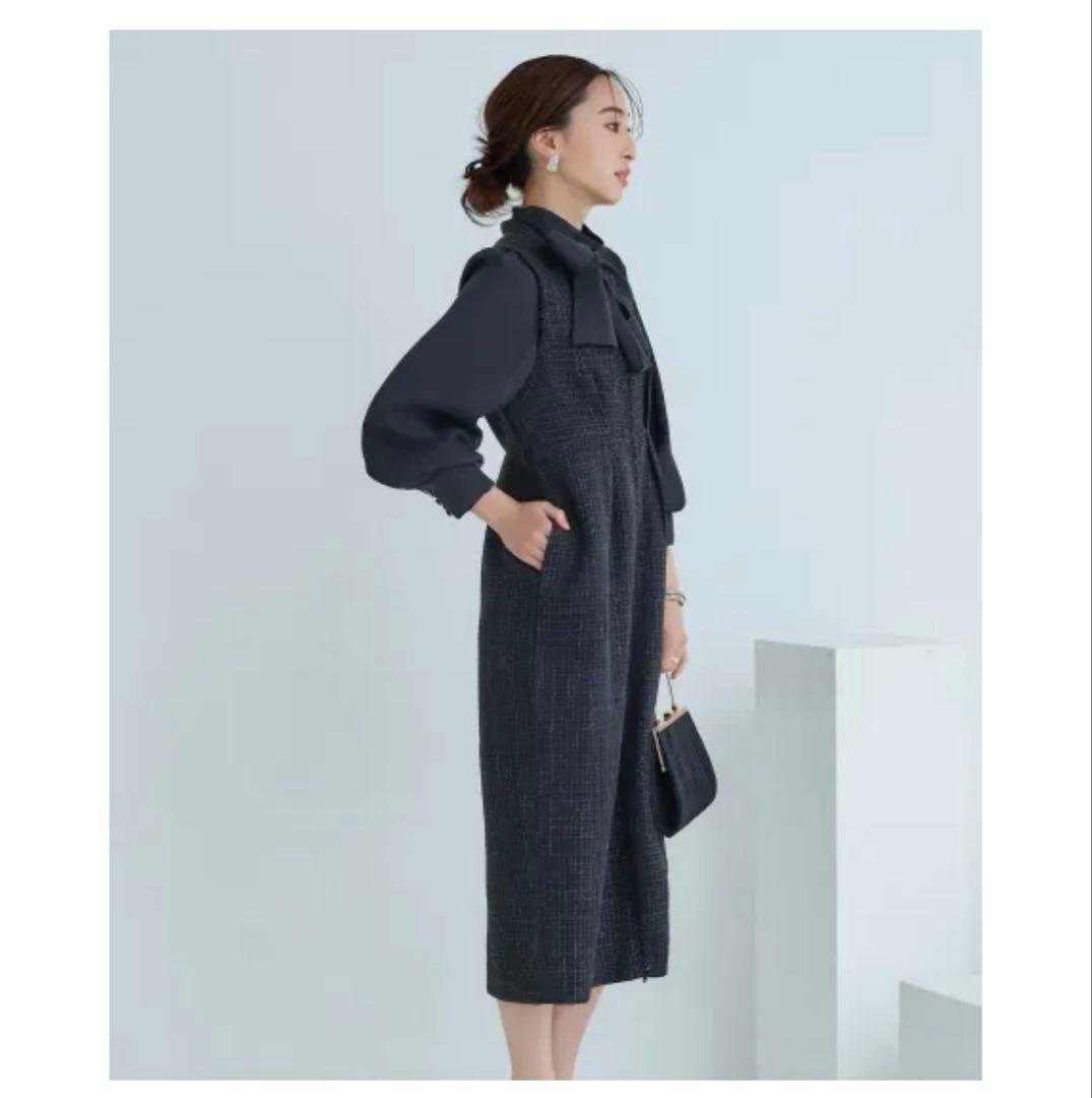 新品 ルイルエブティック ミックスツイードコンビ・ロングナローワンピースドレス