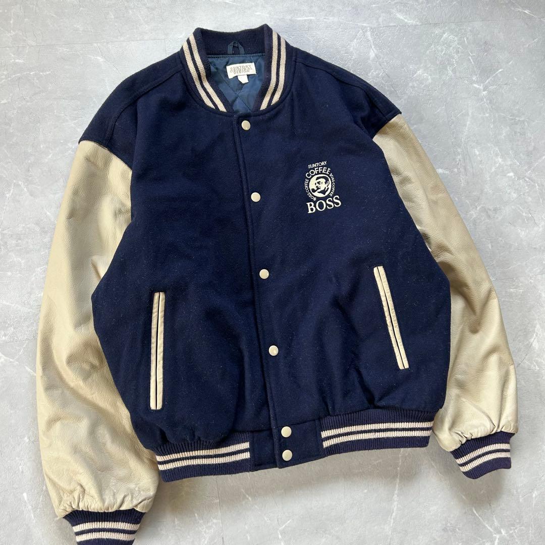 希少 90s 非売品 Boss スタジャン 袖レザー 本革 刺繍 企業系 古着