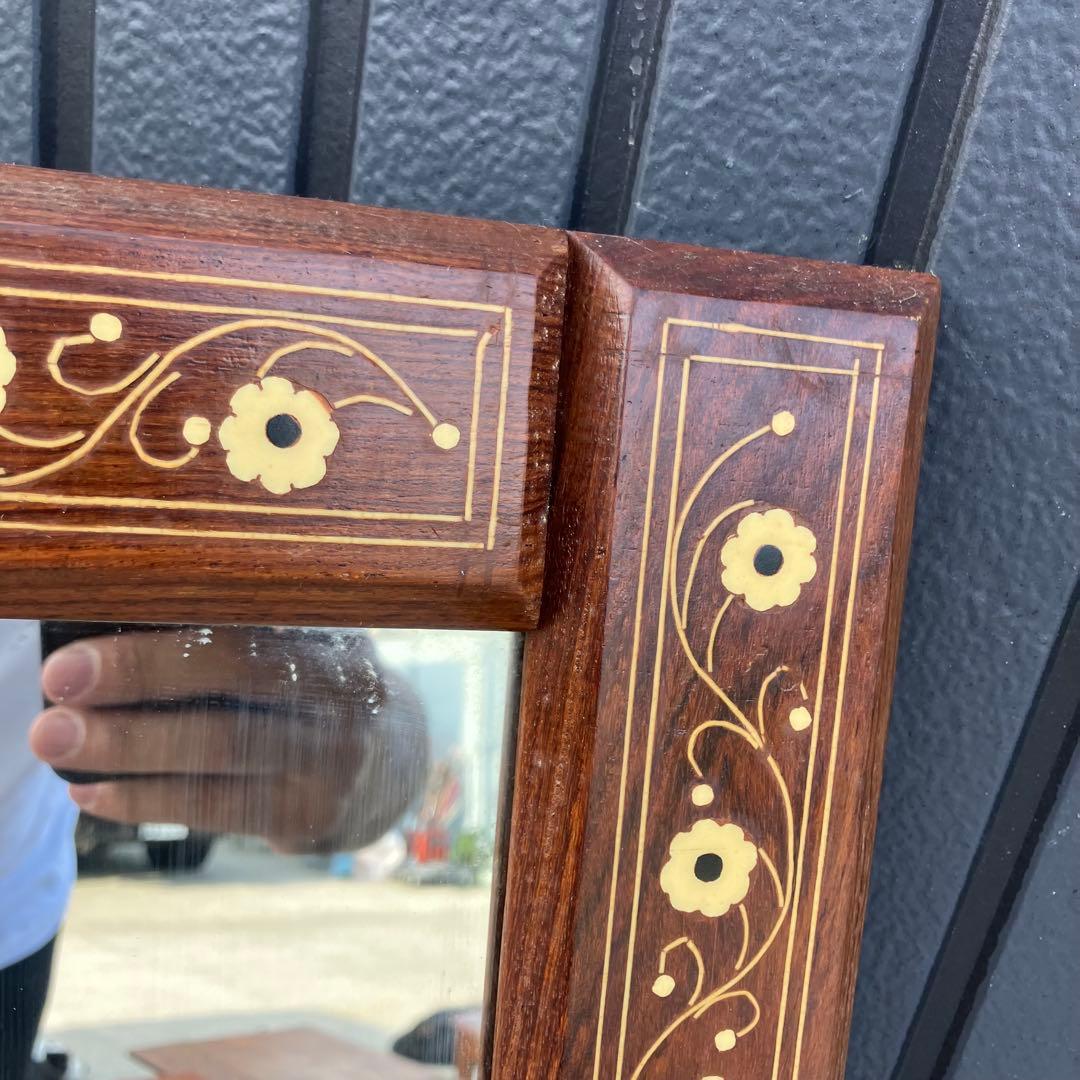 北欧レトロ ビンテージ 象嵌細工 花柄木製フレームミラー 等身鏡 姿見 壁掛け鏡