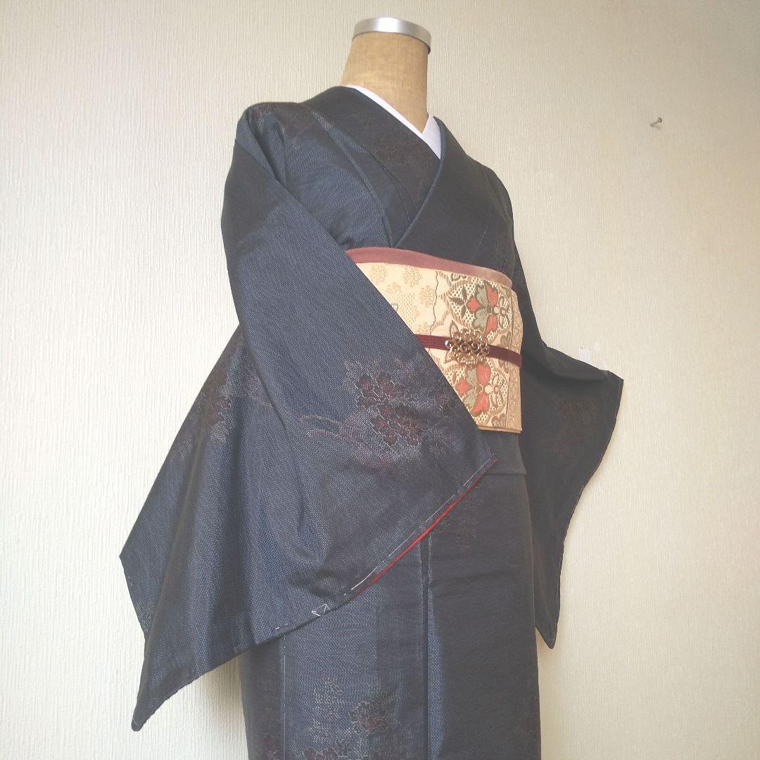 ent・正絹・大島紬・紺系・地紋・花柄・袷・一部仕付け糸付き