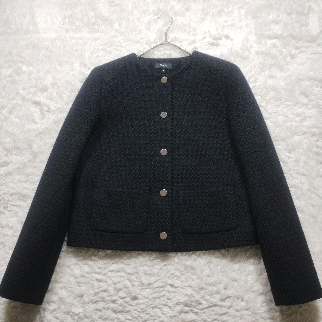未使用級　23AW　セオリー　ノーカラーツイードジャケット　Ｌ　黒　クロップド丈
