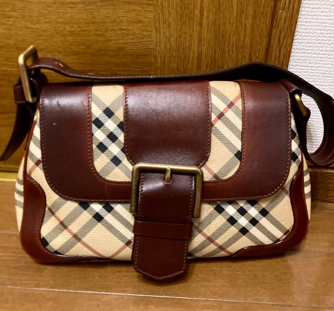 チェック柄ブラウンレザーショルダーバッグ