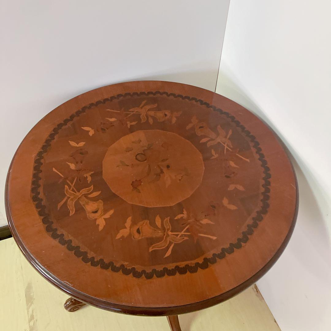象嵌細工　コーヒーテーブル　円形テーブル　アンティーク調　カフェテーブル