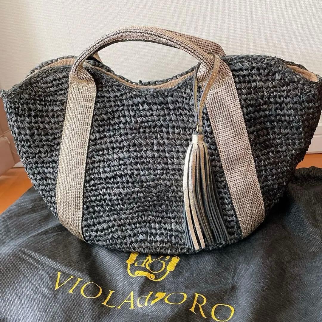 ヴィオラドーロ　かごバッグ　ラフィア　レザー　ブラック×ゴールド