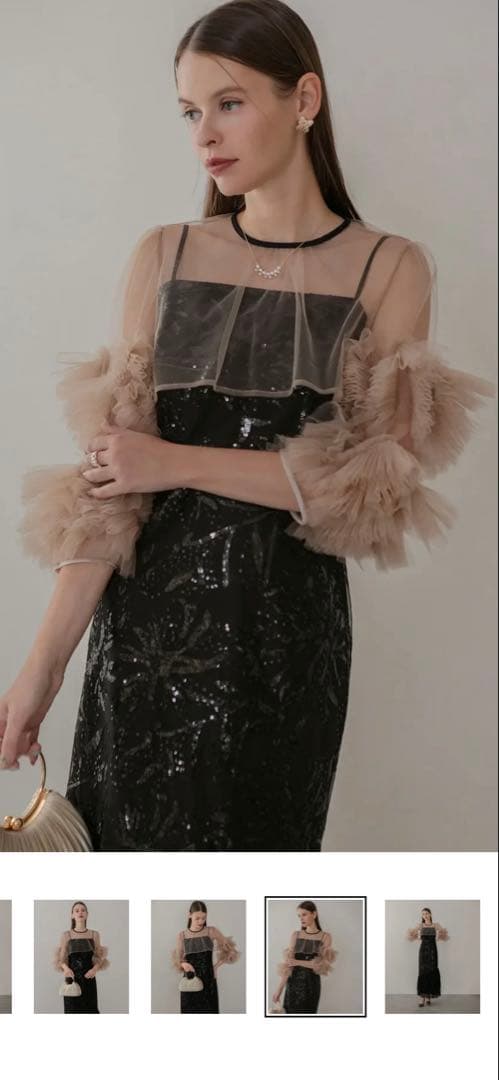 【y様】フラワースパンコールチュールフリルスリーブIラインワンピースドレス