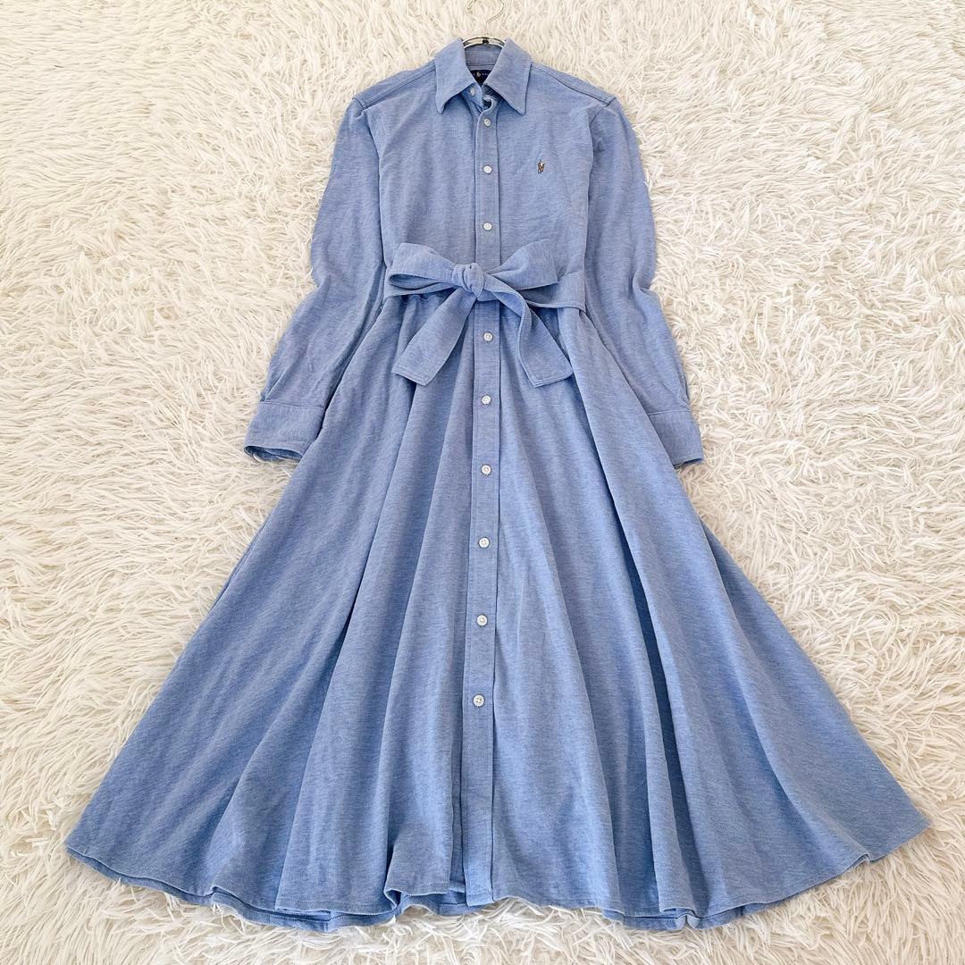 美品✨ラルフローレン シャツワンピース ロング 鹿の子 ベルト ポニー 水色 M