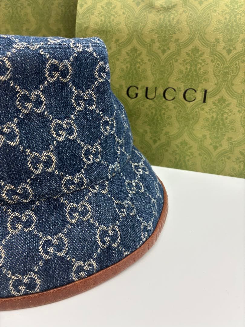 GUCCI グッチ ブルー&ホワイト GGデニム バケットハット M