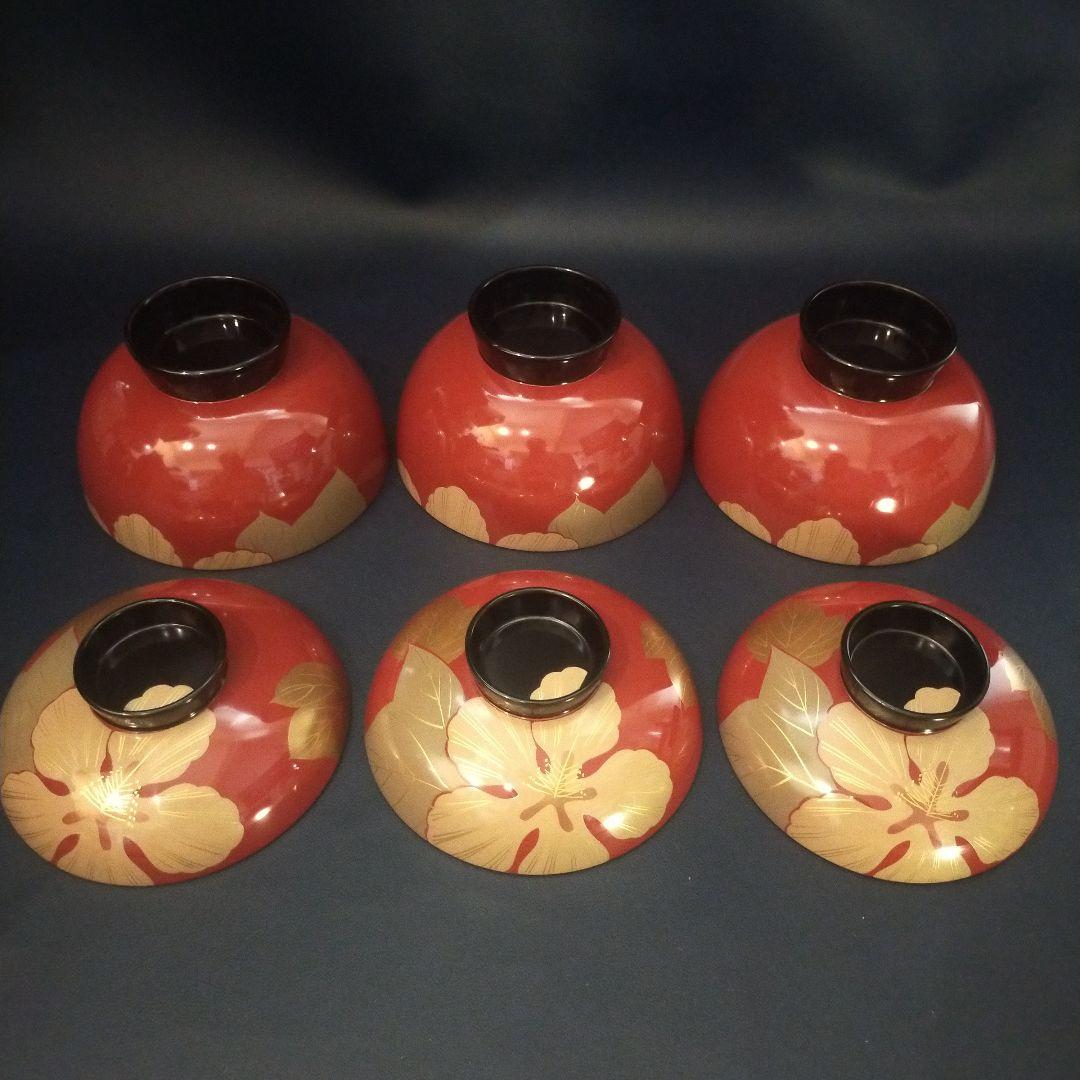 能登輪島塗 朱漆内黒 芙蓉花蒔絵のお椀 5客