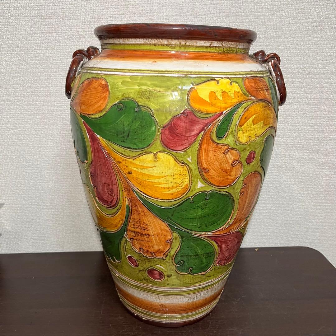 イタリア 傘立て 手彫り　テラコッタ　手描き アンティーク