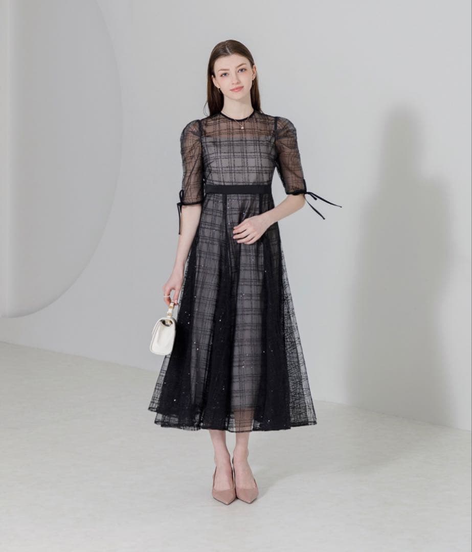 LEJA チェックスパンコールリボンワンピースドレス 結婚式 パーティ