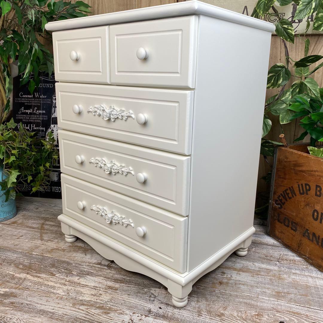 訳あり品【130】フレンチカントリー調ホワイトチェスト四段五つ引き木製タンス収納