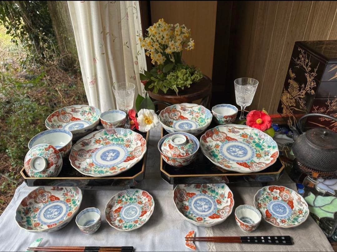 2171様感謝‼️大正頃の伊万里上手錦Dragon❌あじさい桐に蝶蜂7寸皿2客