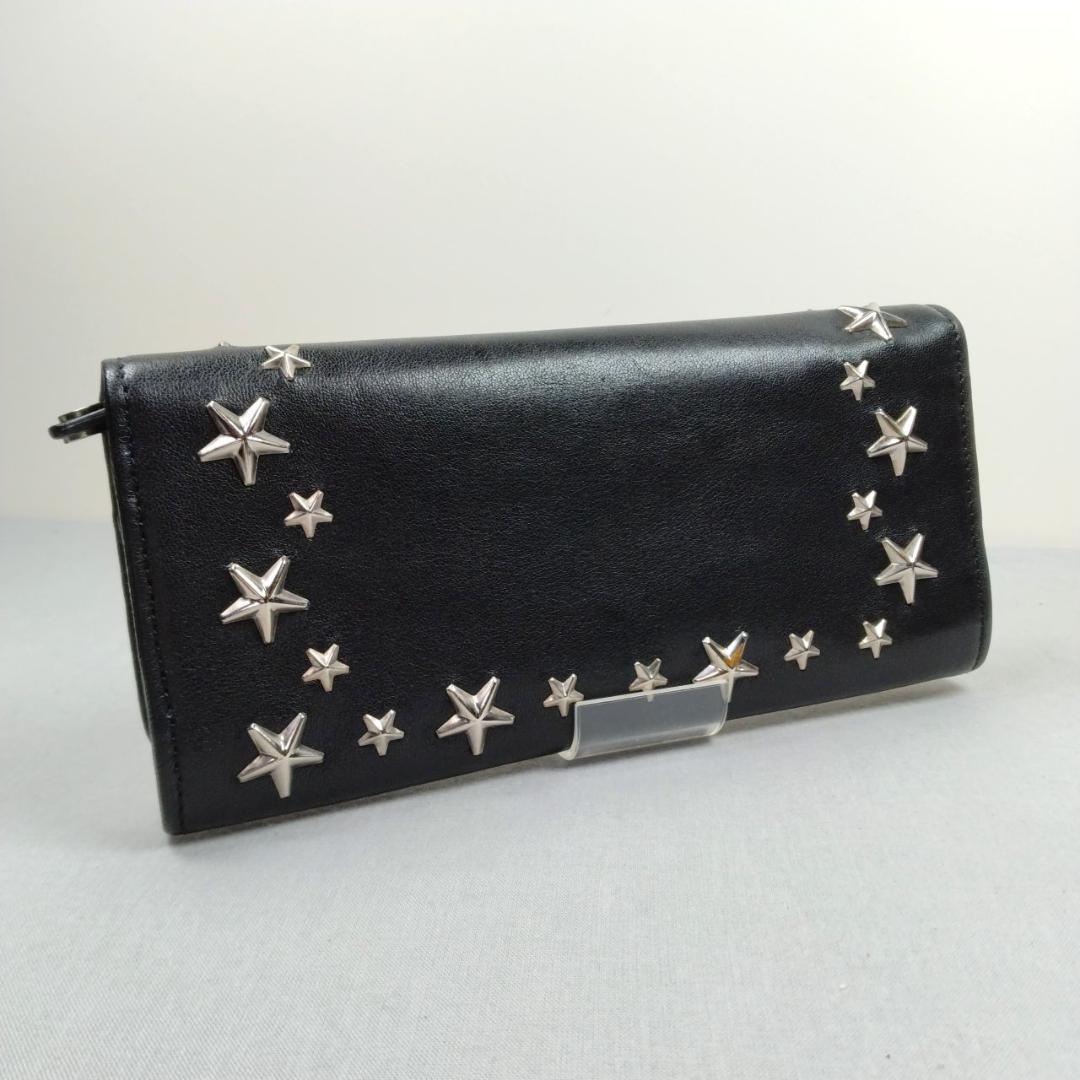 未使用ジミーチュウ★星形スタッズフラップウォレット 長財布 カーフレザー本革 黒