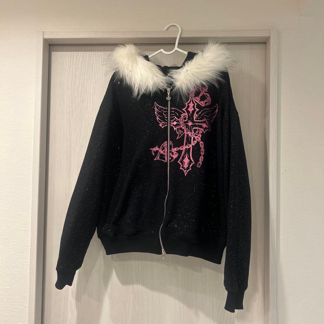 ジャケット・アウター Cross Logo Glitter Fur Zip Hoodie