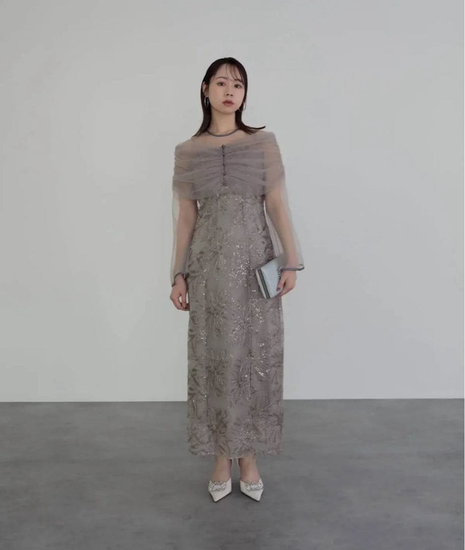 チュールオフショルダー花柄Iラインドレスワンピース