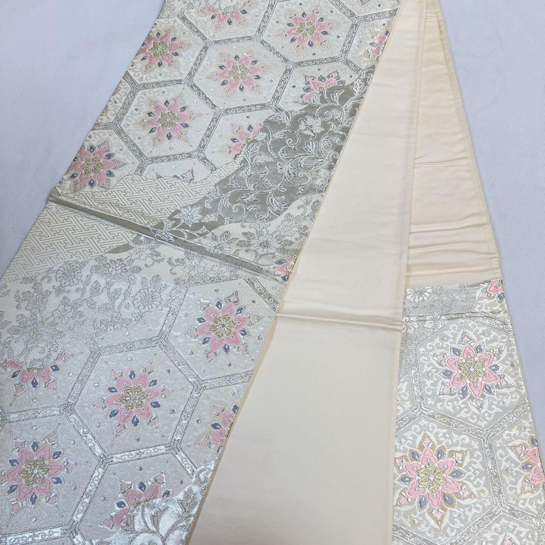 袋帯　正絹　銀糸　亀甲　華紋　唐花模様　檜垣　道長取り　着物　054t