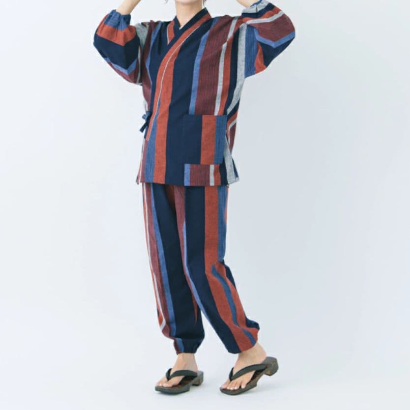 値下【美品】作務衣 さむえ 宮田織物 縞柄 日本製 綿100% 大縞フリーサイズ