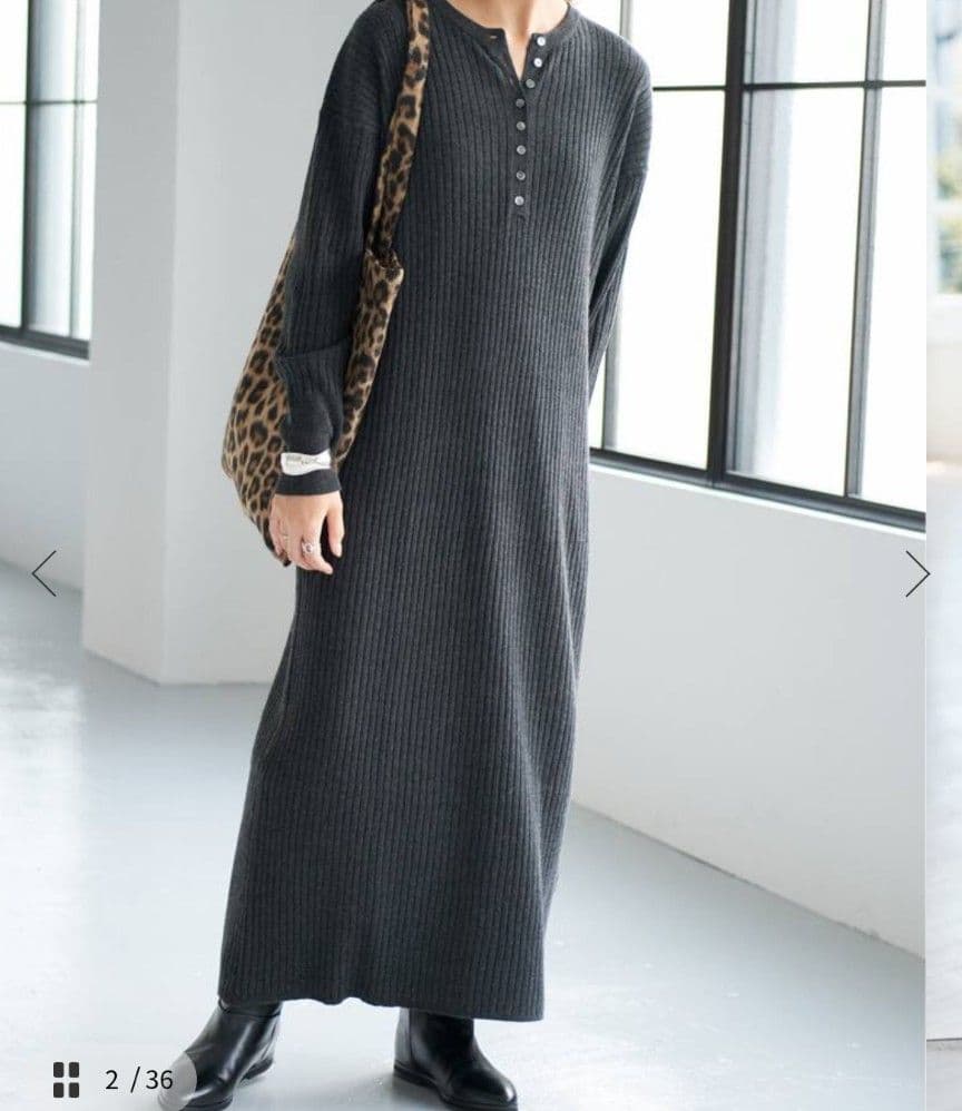 《手洗い可 / 追加》ヘンリーネックリブニットワンピース グレ－