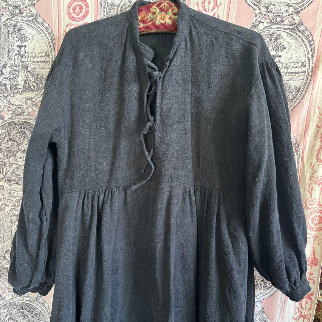 フランスアンティーク　刺繍入りリネンコットンロングワンピース　お値下げ‼️