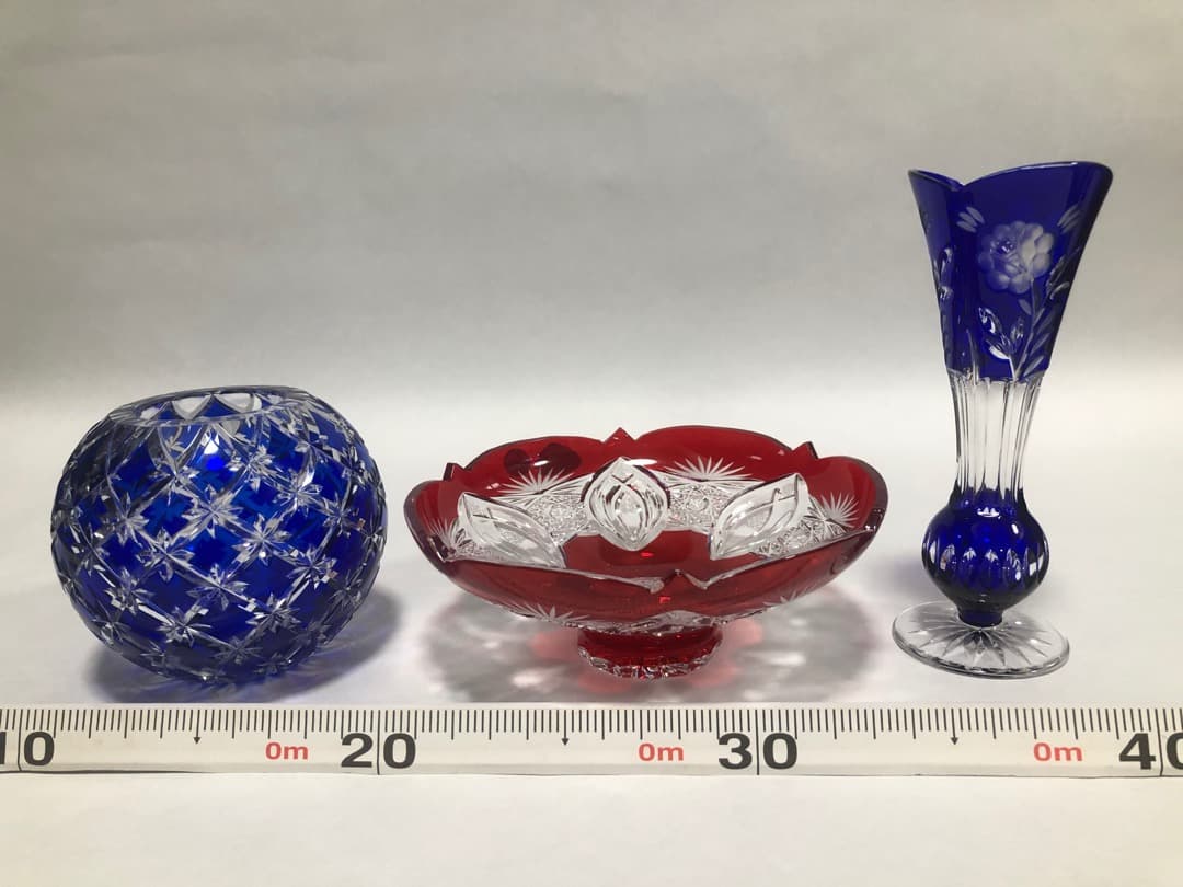 江戸切子丸型花瓶　クリスタル一輪挿し　ボヘミア小鉢　3点セット